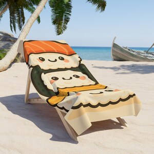 Cute Sushi Beach Towel - Kawaii Cartoon Nigiri and Maki Stack - Fun Japanese Food Pool and Beach Towel