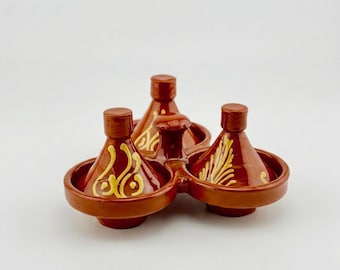 Mini Moroccan Tagine Spice Holder – Small Terracotta Tagine Dish – Handmade Mini Tagine Pots – Moroccan Tagine Decor – Triple Serving Tagin