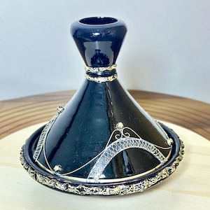 Luxury Moroccan Decorative Tagine | Black Ceramic with Silver Filigree | Artisan Handmade Centerpiece
