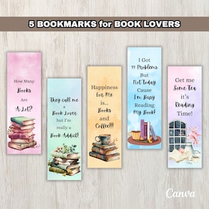 Printable Bookmarks for Readers - Set of 5 Watercolor Bookmarks, Coffee and Books, PDF and JPG, Bookish Gift for Occasions, Digital Download