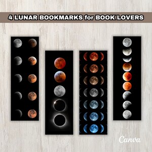 Moon Phase Digital Bookmarks - 4 Designs PDF & JPG, Printable Moon Phases, Perfect Gift for Book Lovers, Ready to Print, Digital Download