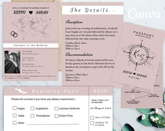 Passport Wedding Invitation Template: Editable with Custom RSVP Boarding Pass and Details Card