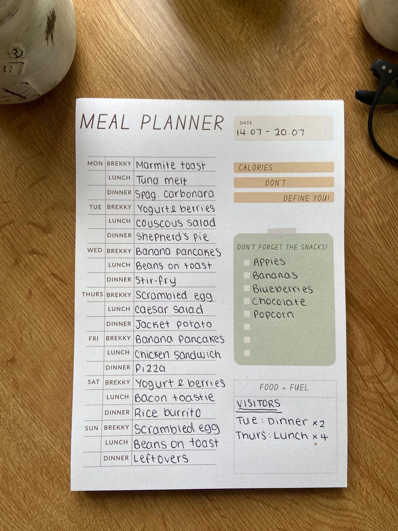 Meal Planner | A5 Notepad | ED Recovery | Weekly Plan - Etsy