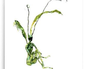 Katydid unique nature spirit print poster wall art of my one of a kind paper mache sculpture