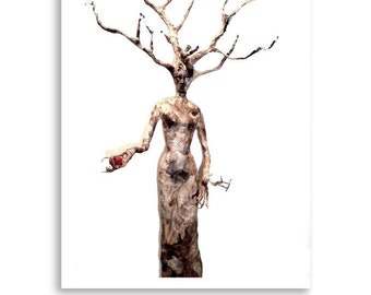 Eve unique witchy nature spirit tree goddess woman print poster wall art of my one of a kind paper mache sculpture