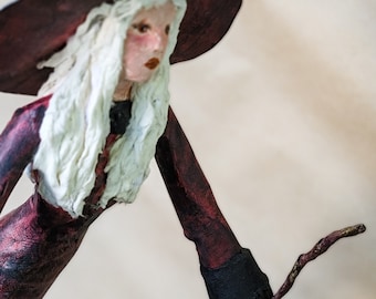 Winter Witch - one of a kind handmade paper mache witchy fantasy art doll sculpture Christmas tree topper