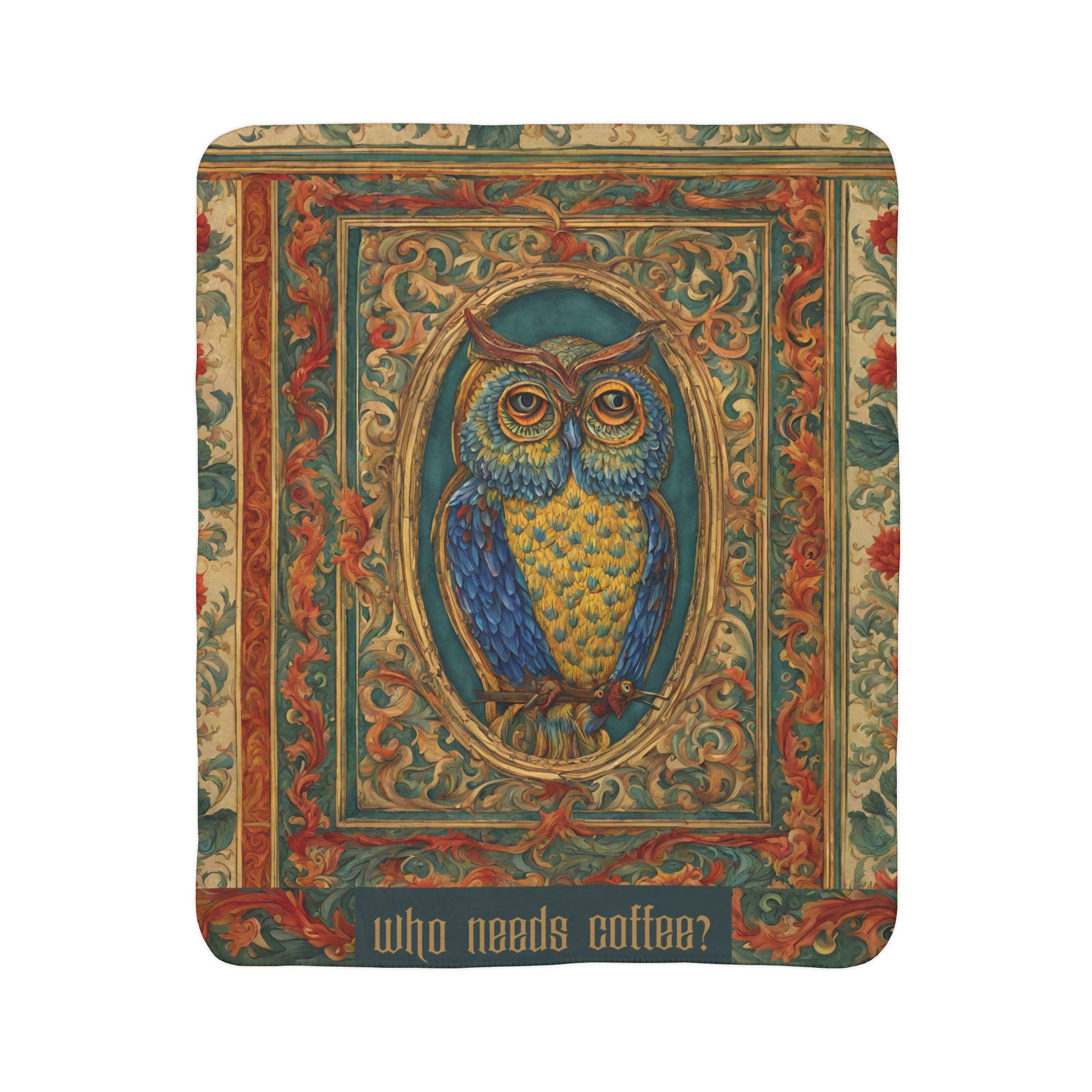 Sherpa Blanket, Baroque Owl Design for Coffee Lovers - Cozy Throw for Home Decor, Gift for Owl Enthu