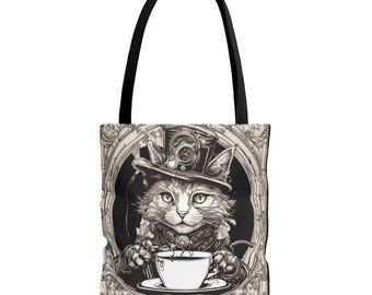 Steampunk Cat Tote Bag, Vintage Cat Lover Gift, Artsy Reusable Shopping Bag, Whimsical Cat Design, Unique Pet Owner Accessory
