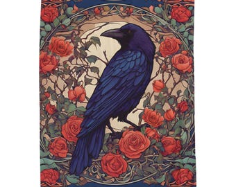 Raven on Rosebush Gorgeous Crow Plush Blanket Soft Throw Blanket, Cozy Bedding, Floral Home Decor, Nature Lover Gift Warm Coverlet