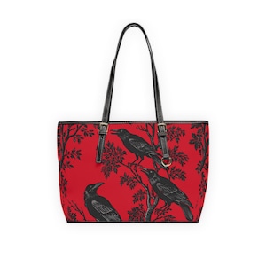 Red Gothic Raven PU Leather Shoulder Bag, Tote, Witchy Accessory Crow Lover Gift for Her, Stylish Handbag image 1