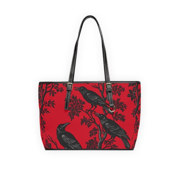 Red Gothic Raven PU Leather Shoulder Bag, Tote, Witchy Accessory Crow Lover Gift for Her, Stylish Handbag