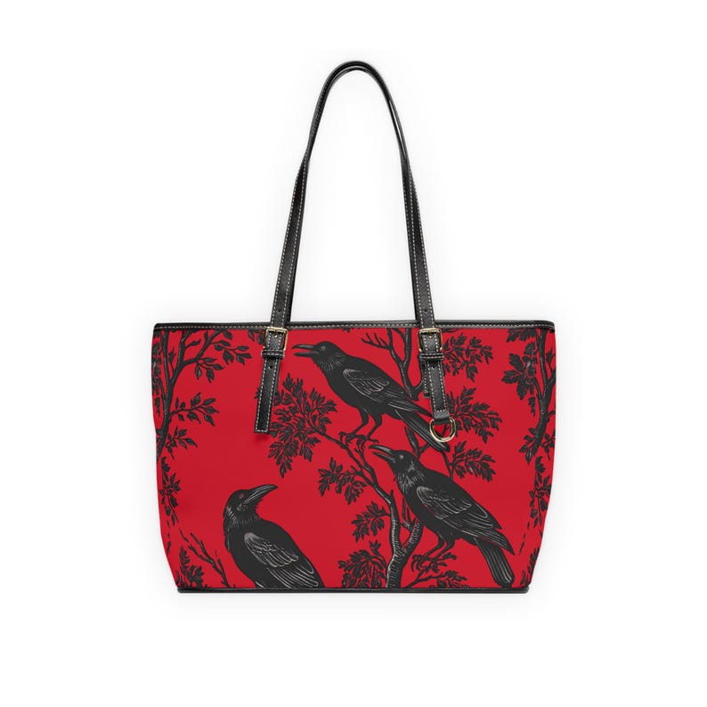 Red Gothic Raven PU Leather Shoulder Bag, Tote, Witchy Accessory Crow Lover Gift for Her, Stylish Handbag image 1