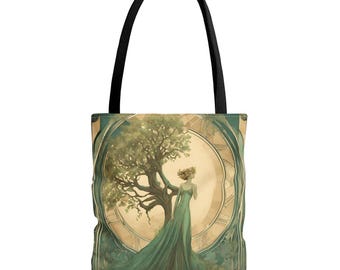 Artistic  Art Nouveau Tote Bag with Tree & Woman Design, Eco-Friendly Shopping Bag, Bohemian Style, Gift for Nature Lovers Elegant