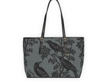 Gray & Black Gothic Raven PU Leather Shoulder Bag, Tote, Witchy Accessory Crow Lover Gift for Her, Stylish Handbag