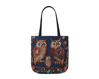 Colorful Owl Printed Embroidered Look Canvas Tote Bag Gift for Owl lovers Eco-Friendly Shopping Bag Nature Lovers