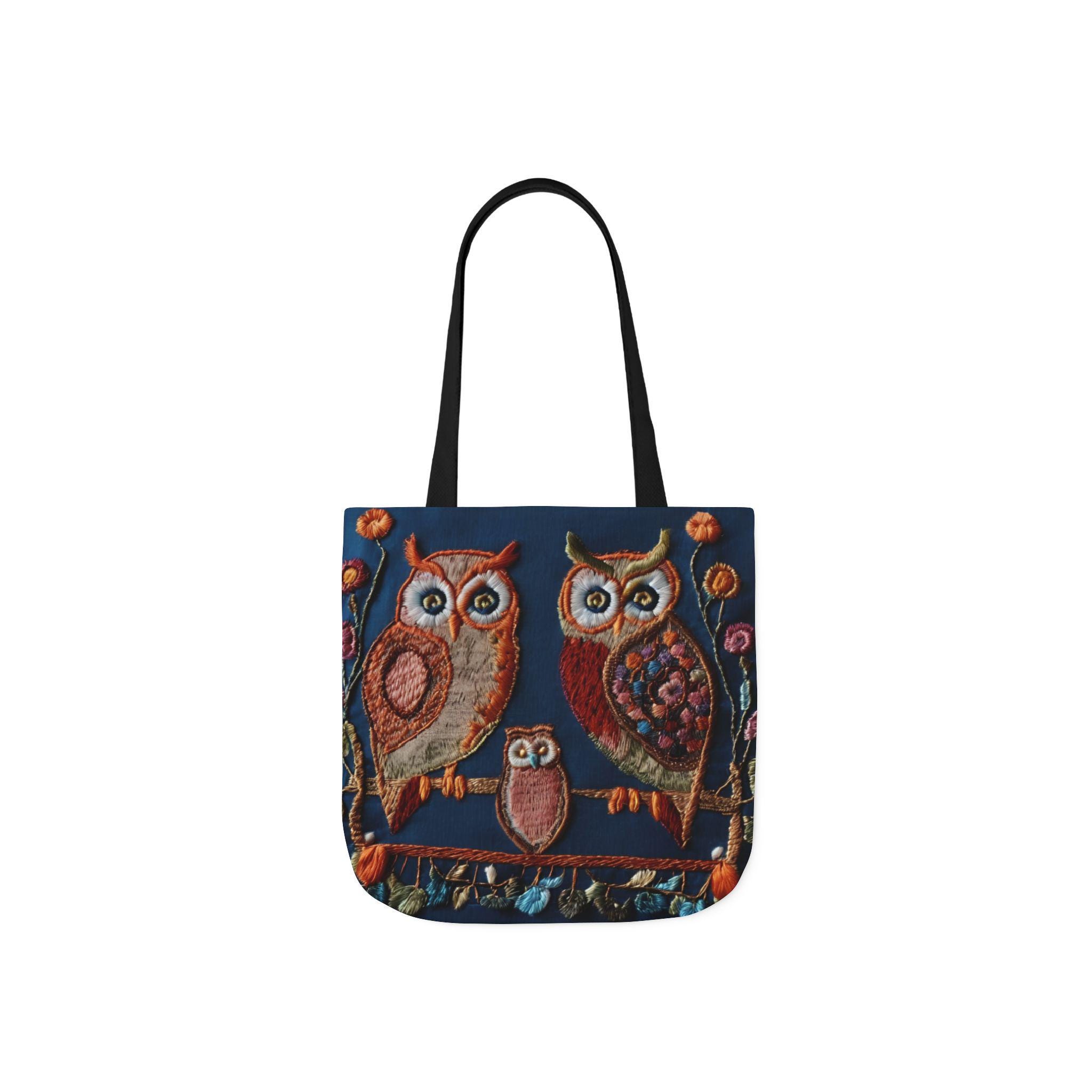 Colorful Owl Printed Embroidered Look Canvas Tote Bag Gift for Owl lovers Eco-Friendly Shopping Bag