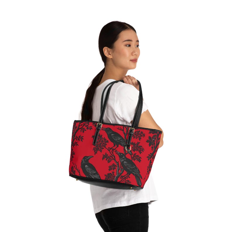 Red Gothic Raven PU Leather Shoulder Bag, Tote, Witchy Accessory Crow Lover Gift for Her, Stylish Handbag image 4