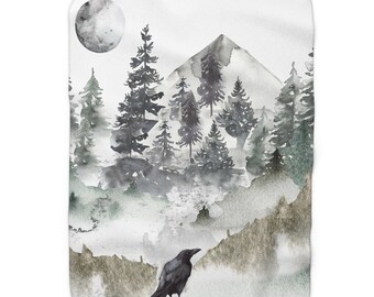 Sherpa Fleece Blanket, Full Moon Crow Winter Throw, Cozy Bedding, Nature Lover Gift, Home Decor, Bedroom Accent