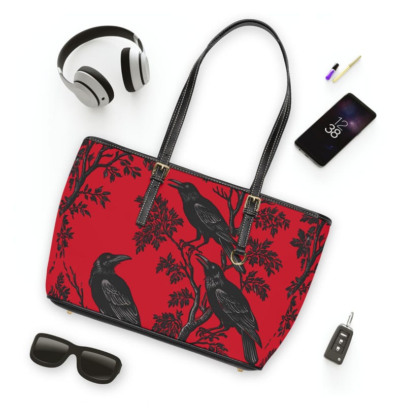 Red Gothic Raven PU Leather Shoulder Bag, Tote, Witchy Accessory Crow Lover Gift for Her, Stylish Handbag image 3
