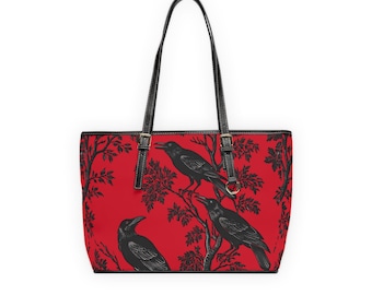 Gothic Raven PU Leather Shoulder Bag, Tote, Witchy Accessory Crow Lover Gift for Her, Stylish Handbag