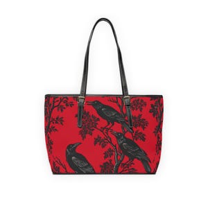 Red Gothic Raven PU Leather Shoulder Bag, Tote, Witchy Accessory Crow Lover Gift for Her, Stylish Handbag image 2