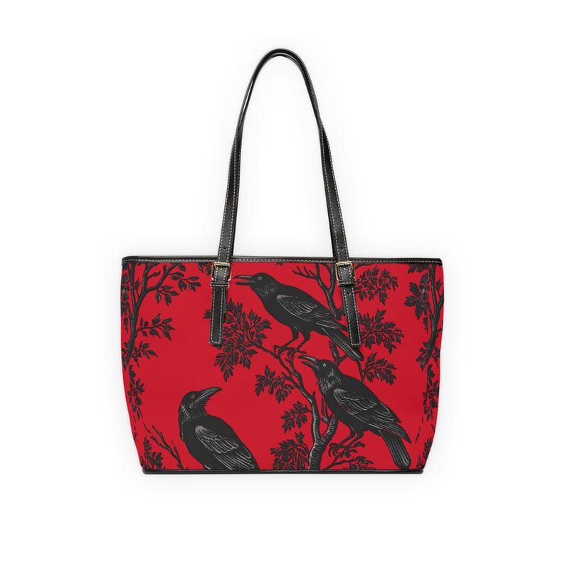 Red Gothic Raven PU Leather Shoulder Bag, Tote, Witchy Accessory Crow Lover Gift for Her, Stylish Handbag image 2