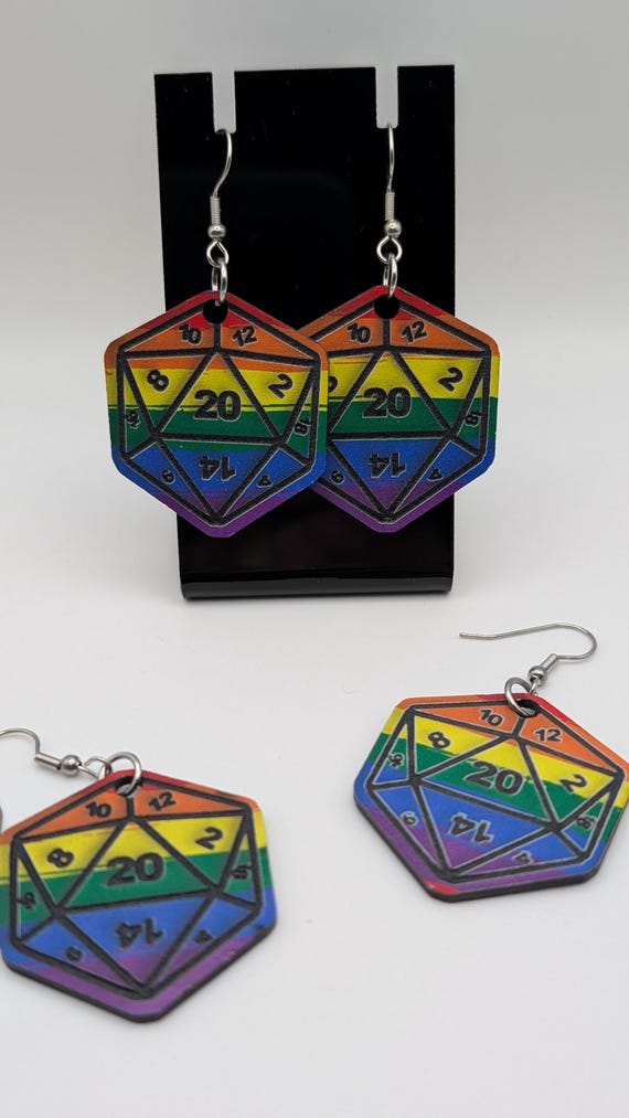 Rainbow D20 Dice Earrings