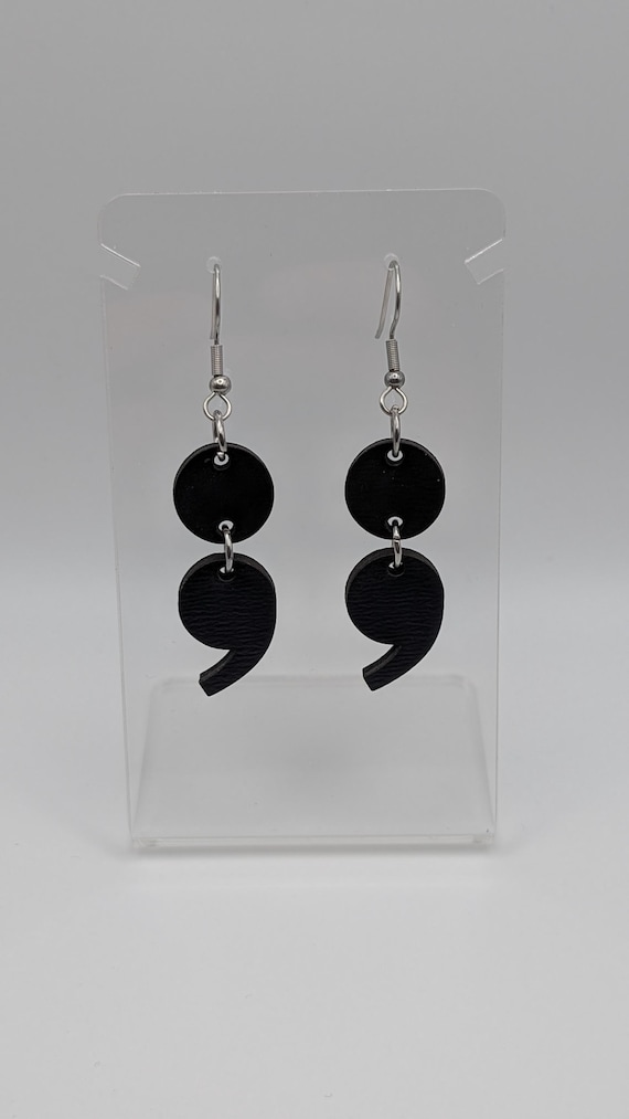 Laser-Cut Wood Semicolon Earrings with Hypoallergenic Stainless Steel Hooks