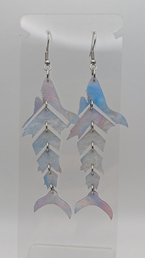 Laser-Cut Acrylic Shark Skeleton Earrings, Hypoallergenic Stainless Steel Hooks