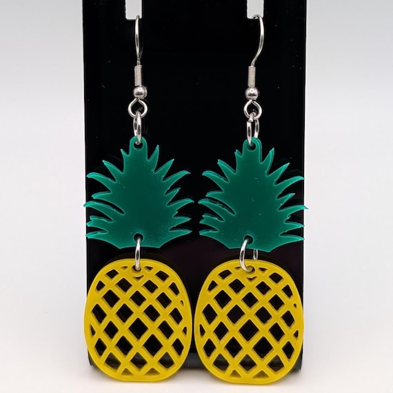 Laser Cut Pineapple Earrings: Acrylic, Hypoallergenic Stainless Steel