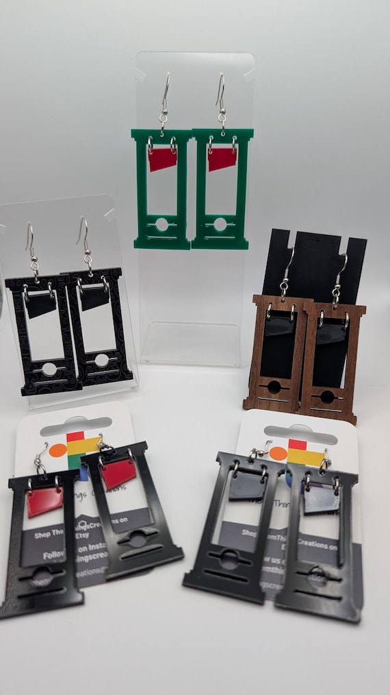 Guillotine Earrings: Wood & Acrylic, Stainless Steel