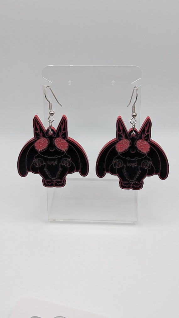 Mothman Laser-Cut Acrylic Earrings: Engraved Two-Color Design, Hypoallergenic Stainless Steel