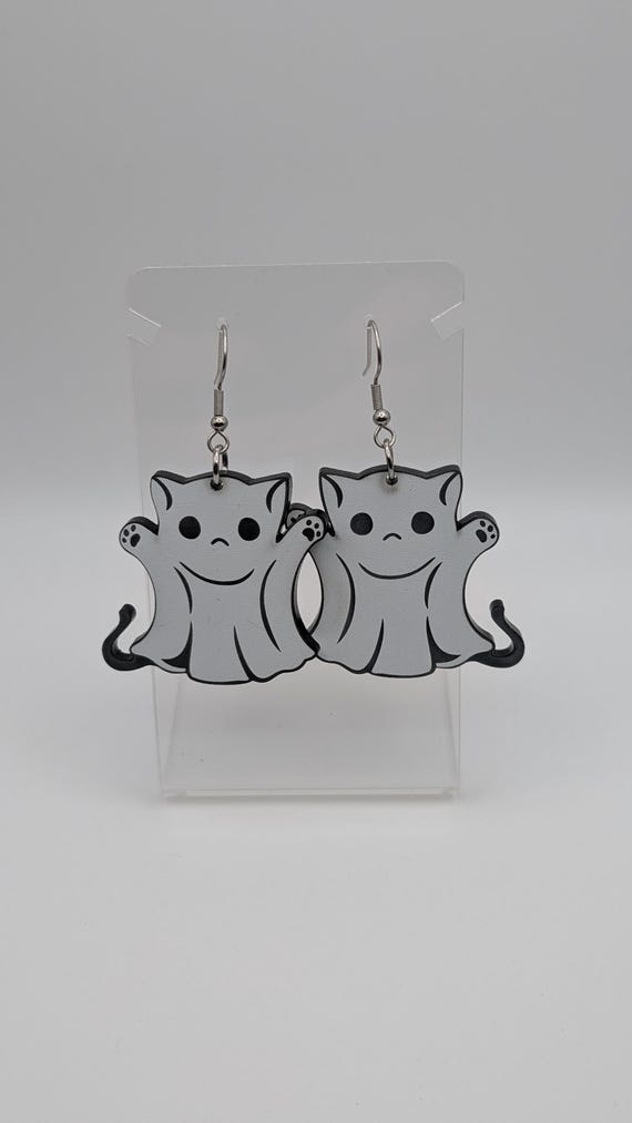 Laser-Cut Acrylic Ghost Cat Earrings