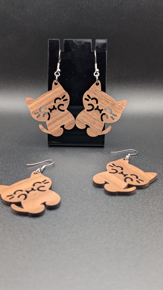 Laser-Cut Wood Cat Earrings: Hypoallergenic Stainless Steel Hooks