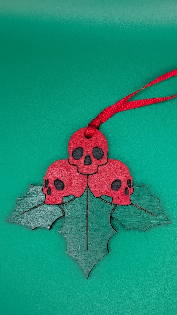 Laser-cut Skull Holly Ornament