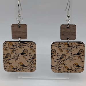 Laser-Cut Bird Patterned MDF Earrings, Hypoallergenic Stainless Steel Hooks