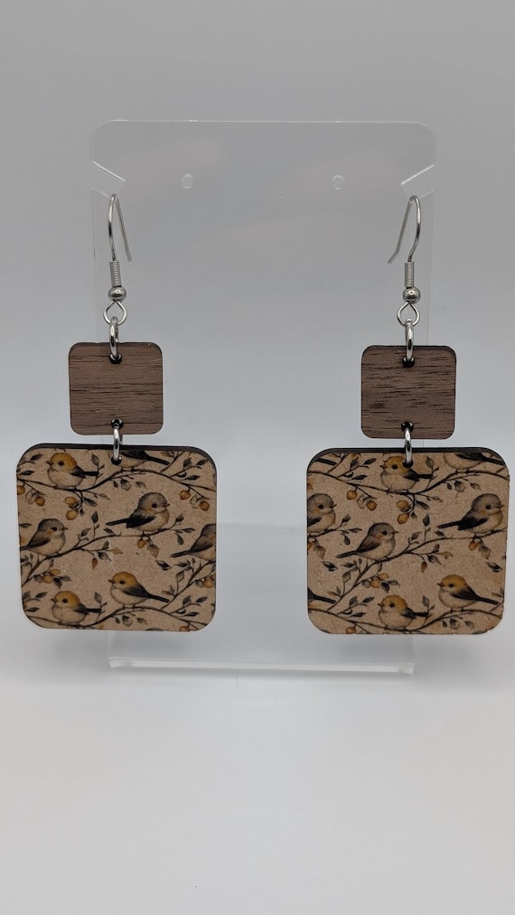 Laser-Cut Bird Patterned MDF Earrings, Hypoallergenic Stainless Steel Hooks