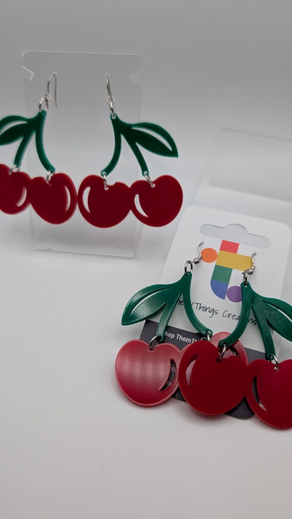 Laser-Cut Cherry Earrings, Hypoallergenic Stainless Steel