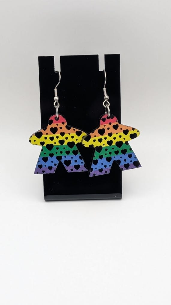 Rainbow Heart Meeple Earrings