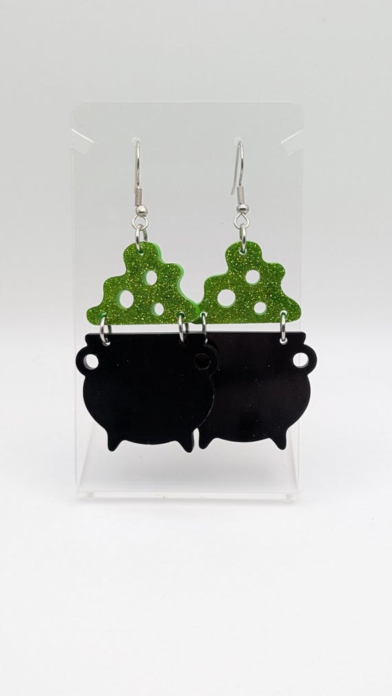 Glittery Green Cauldron Earrings, Laser-Cut Acrylic, Hypoallergenic Stainless Steel