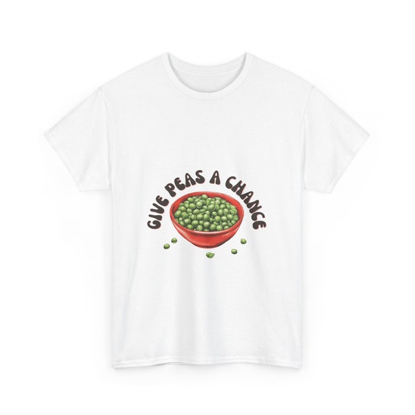 Give Peas A Chance,  Unisex Heavy White Cotton Tee, unique design, funny, pun, play on words, quirky, veggie lovers, gift, sizes S-5XL