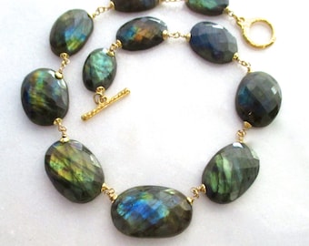 Magnificent Labradorite Necklace, Intensely Multi-hued Labradorite Statement Necklace, 14k Gold Fill