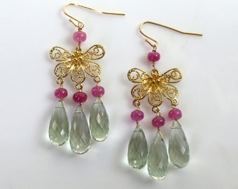 Pink Sapphire, Prasiolite Multi Drop Chandelier Earrings in 22k gold vermeil...