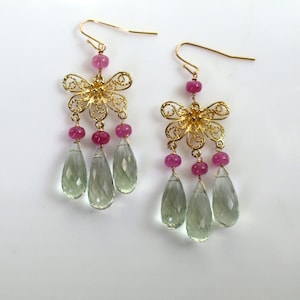 Pink Sapphire, Prasiolite Multi Drop Chandelier Earrings in 22k gold vermeil...