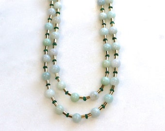 Jadeite and Green Emerald Necklace, Extra Long 36" Length in Gold...