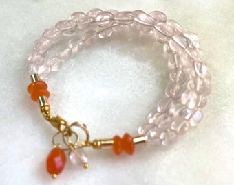 Outstanding Rose Quartz, Carnelian, Triple Strand Bracelet in Gold Fill