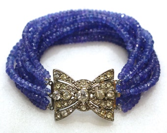 Stunning Tanzanite Bracelet, Vintage Silver Rhinestone Clasp, Multi Strand Tanzanite Statement Bracelet