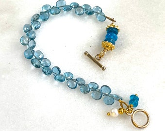 London Blue Topaz Bracelet with Apatite, Keshi Pearl in 14k Gold Fill