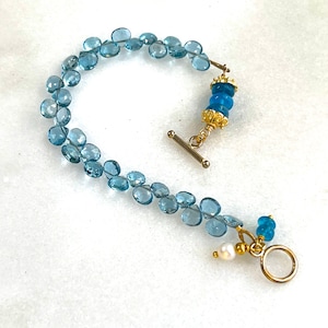 London Blue Topaz Bracelet with Apatite, Keshi Pearl in 14k Gold Fill