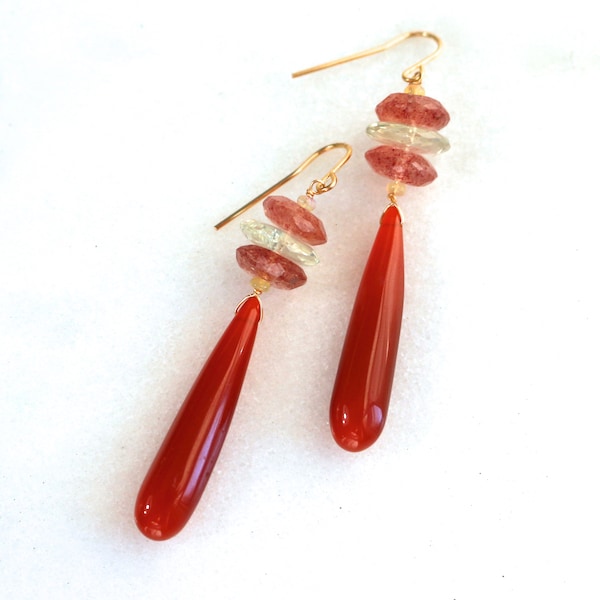 Extra Long Chic Vibrant Carnelian, Prasiolite Earrings in Gold Fill...